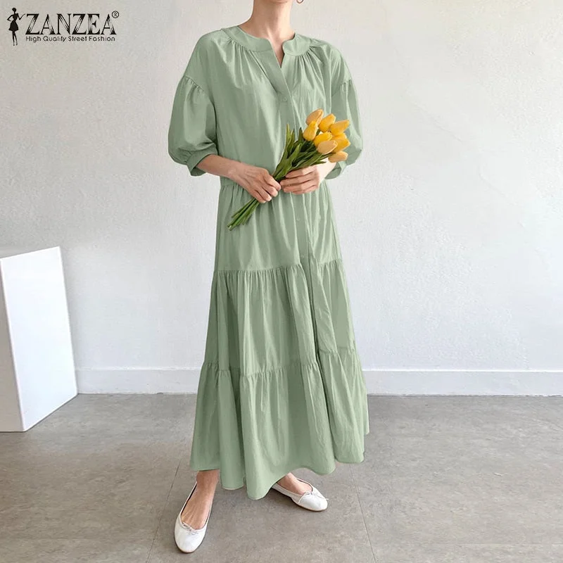 Women Casual Half Lantern Sleeve Sundress ZANZEA Elegant O Neck Solid Shirt Dress Spring Ruffle Vocation Vestidos Beach Kaftan
