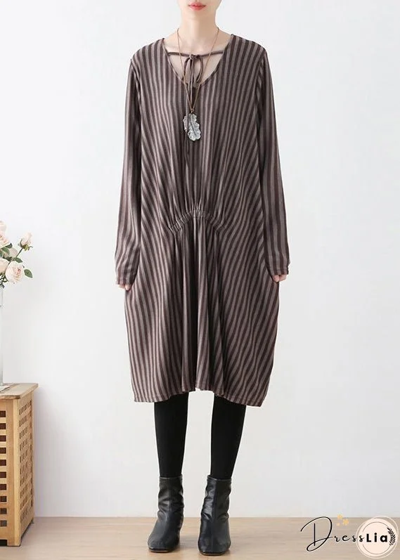 Organic Coffee V Neck Striped Knitted Cotton Thread Maxi Dress Fall
