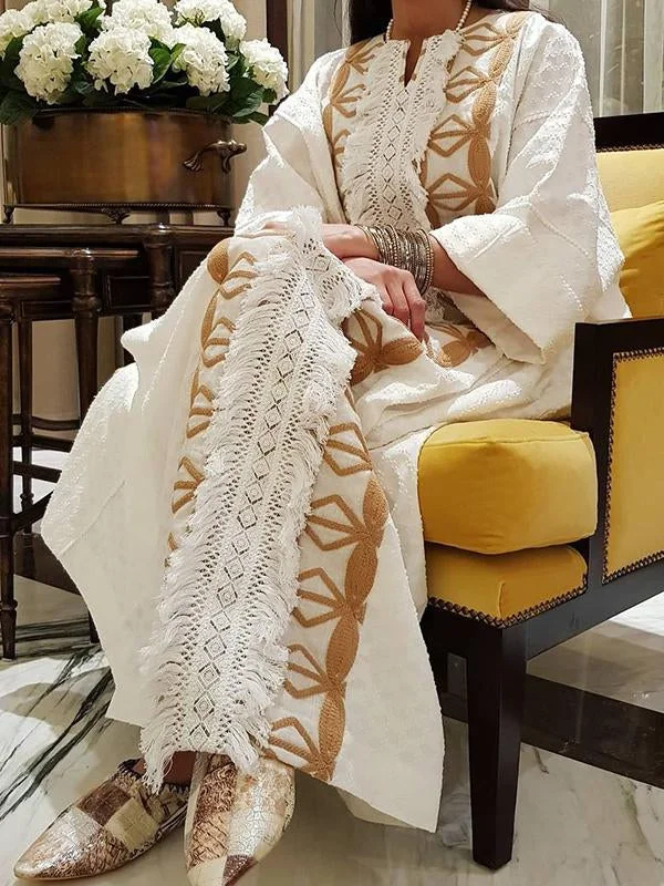 embroidery white fringe maxi kaftan dress فساتين