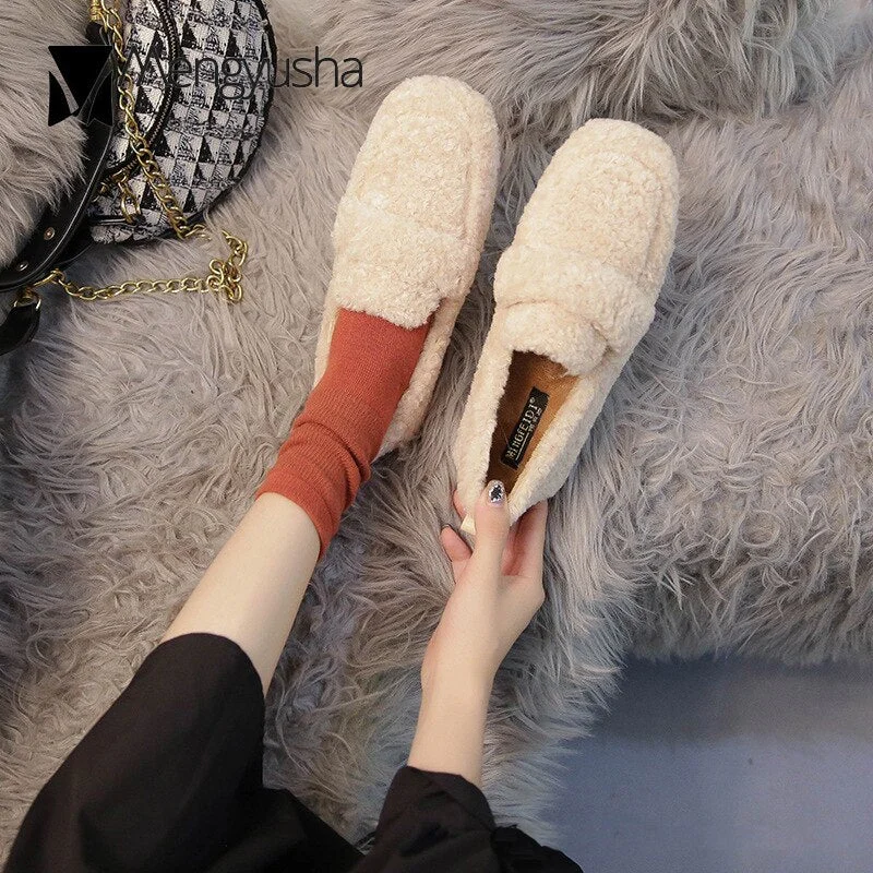 Lambs fur cotton shoes women solid color slip on loafers winter square toe moccasins wool fur flats comfy ballet shoes plus size