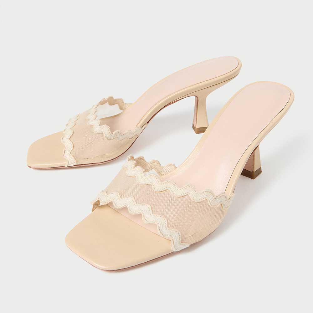 Beige Mesh Open Square Toe Wave Edge Heeled Mules Sandals Nicepairs