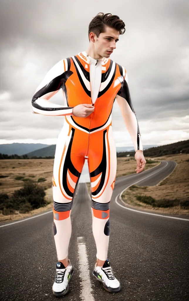 Men Latex Catsuits Trackster MotoGP Motorcycle Riding Orange White