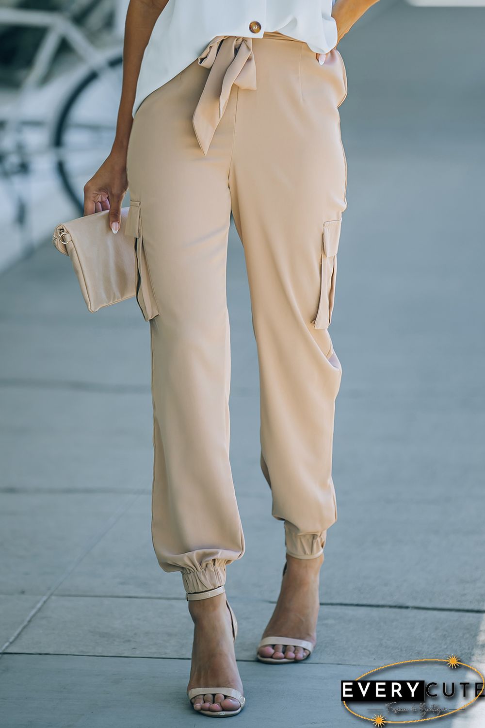 Khaki Side Pockets Slim Fit Knotted High Waist Pants