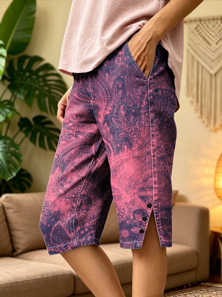 Women's Retro Bohemian Floral Art Print Casual Washed Cotton Denim Shorts