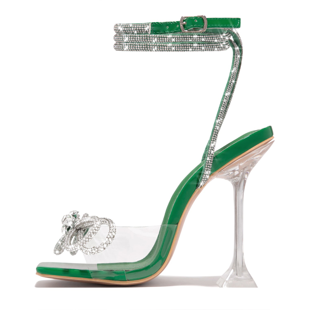 Green Patent Leather Square Toe Flared Heel Ankle Strap Sandals Nicepairs