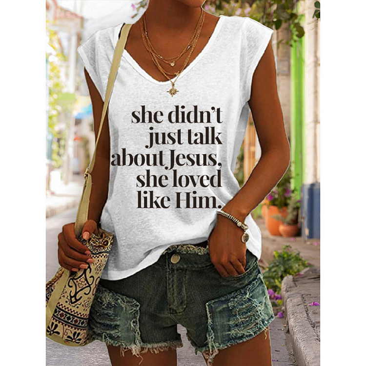 Women's  She Didn't Just Talk About Jesus Print Casual V-Neck Tank Top socialshop