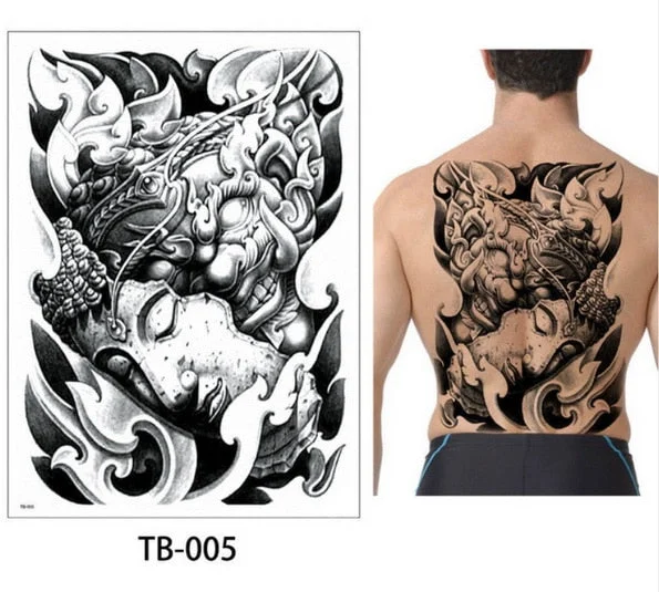 48*35 cm large tattoo stickers 2018 new designs fish wolf buddha waterproof temporary flash tattoos full back chest body for men