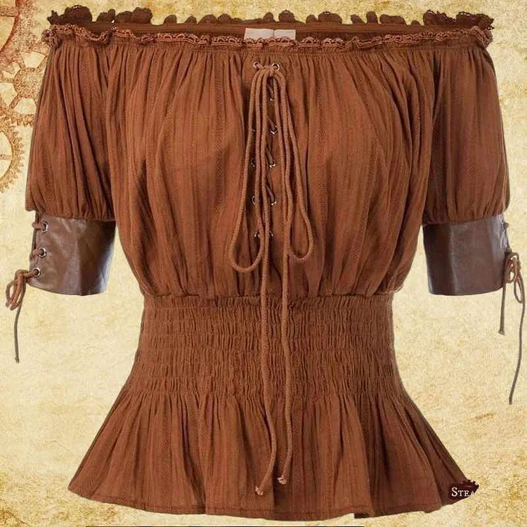 Steampunk bare shoulders Lace-up Short Sleeve shirt
