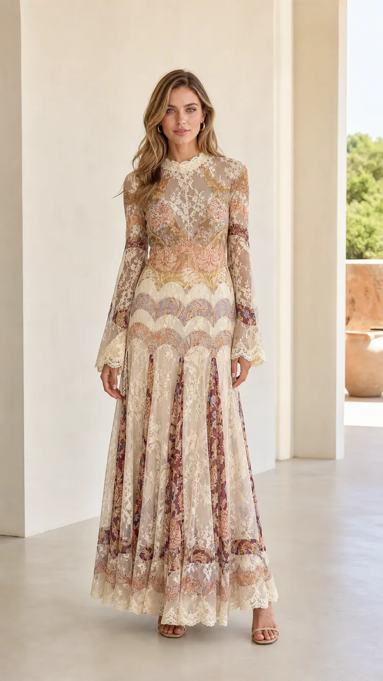 Vintage Lace Long Sleeve Maxi Dress with Flared Scalloped Cuffs
