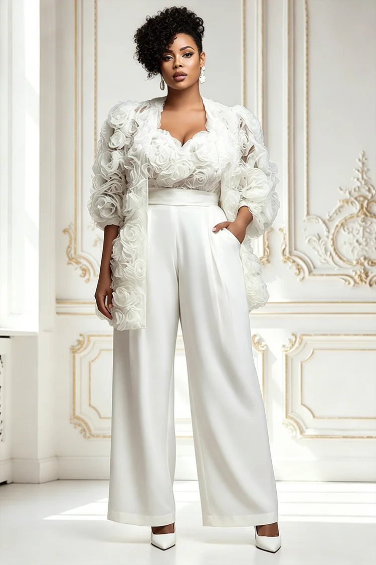 Xpluswear Design Plus Size Wedding Guest White 3/4 Sleeve 3D Pocket Jumpsuits Cardigan Set [Pre-Order] 2024 - Xpluswear