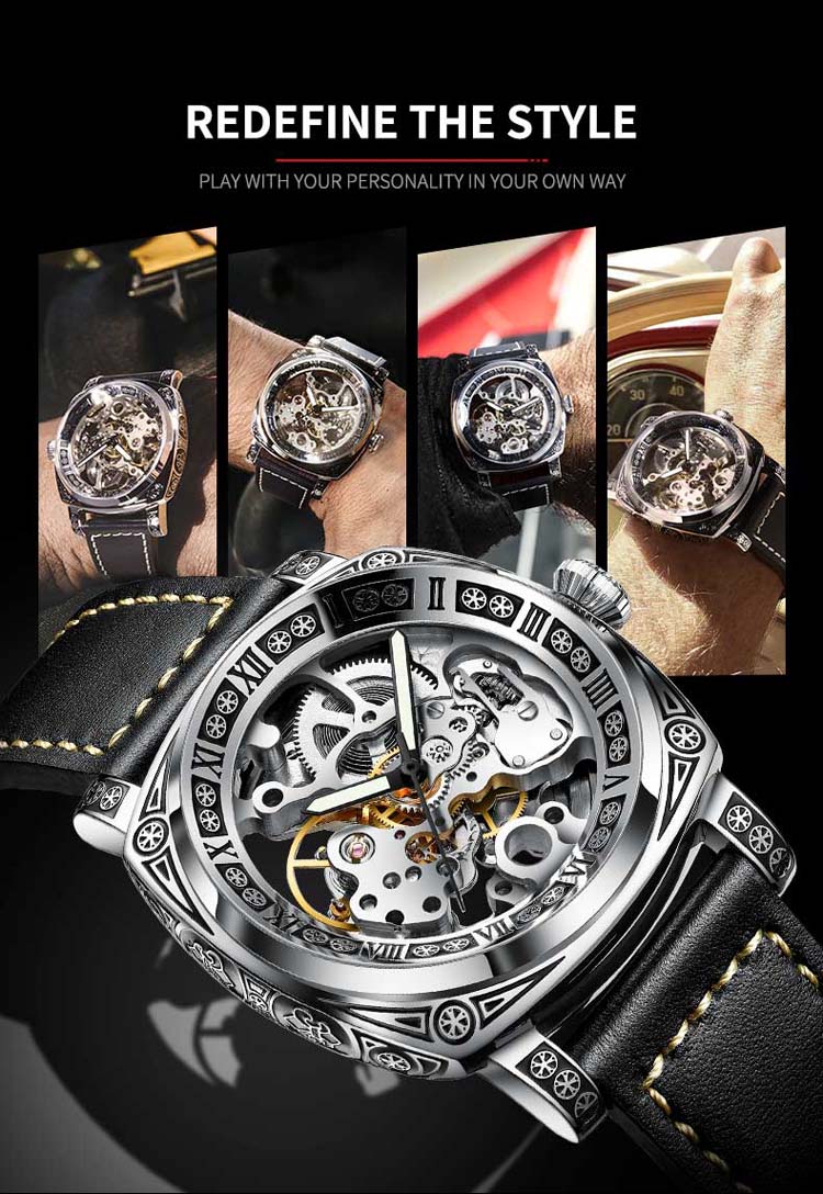 AIERSHI 44865 fashion black men mechanical watch creative Genuine Leather Strap water resist auto date character business watch