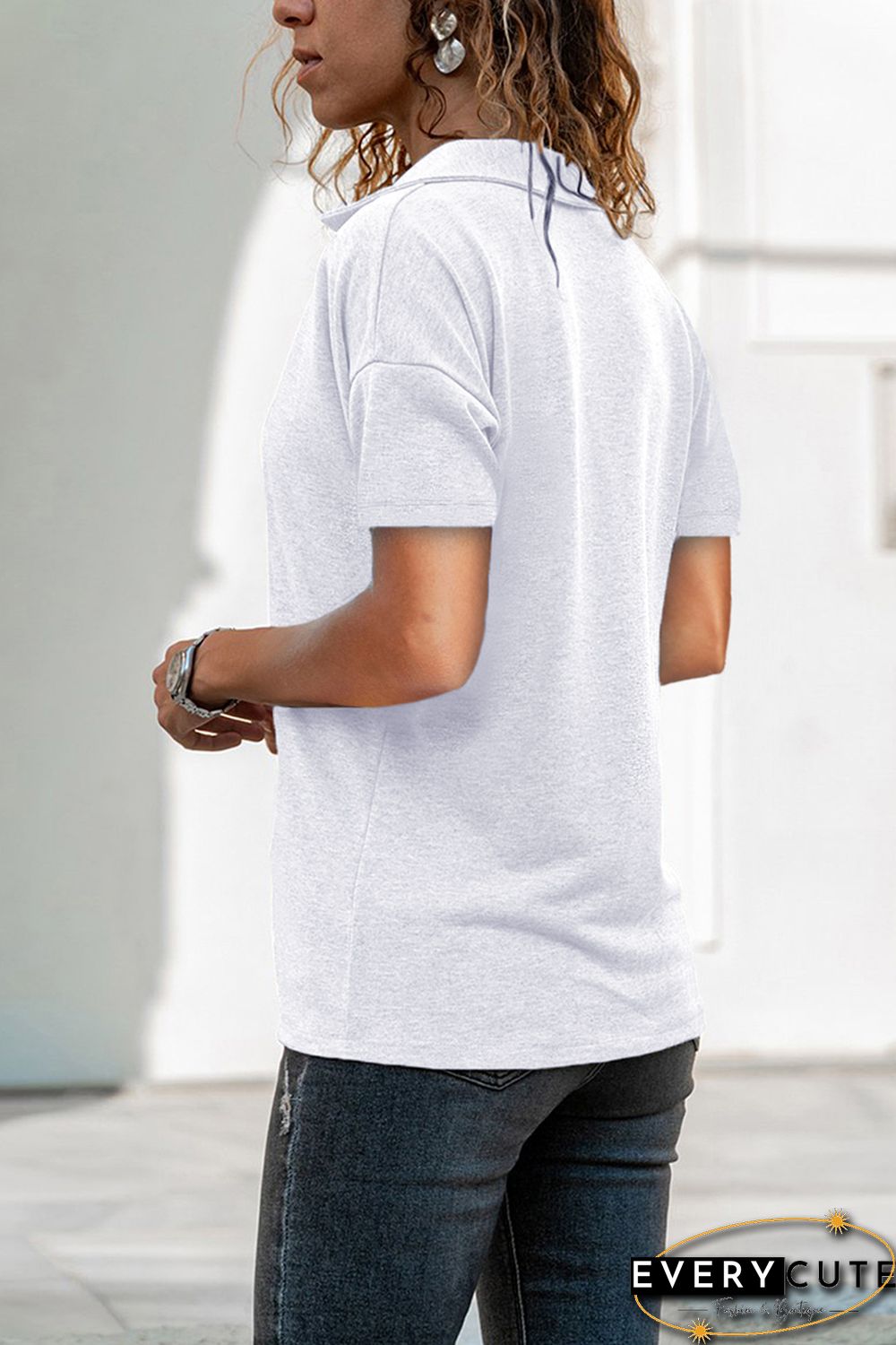 White Collared V Neck Drop Sleeves T-shirt
