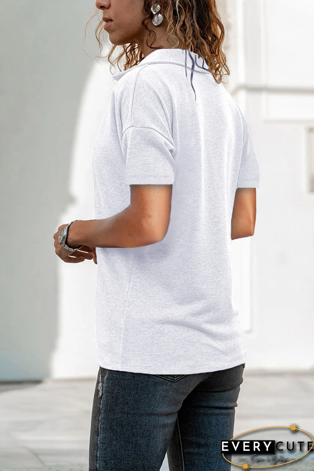White Collared V Neck Drop Sleeves T-shirt