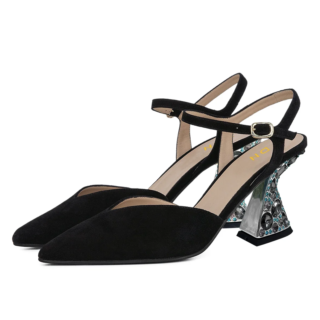 Faux Suede Sophisticated Decorative Heel Strappy Pumps in Black