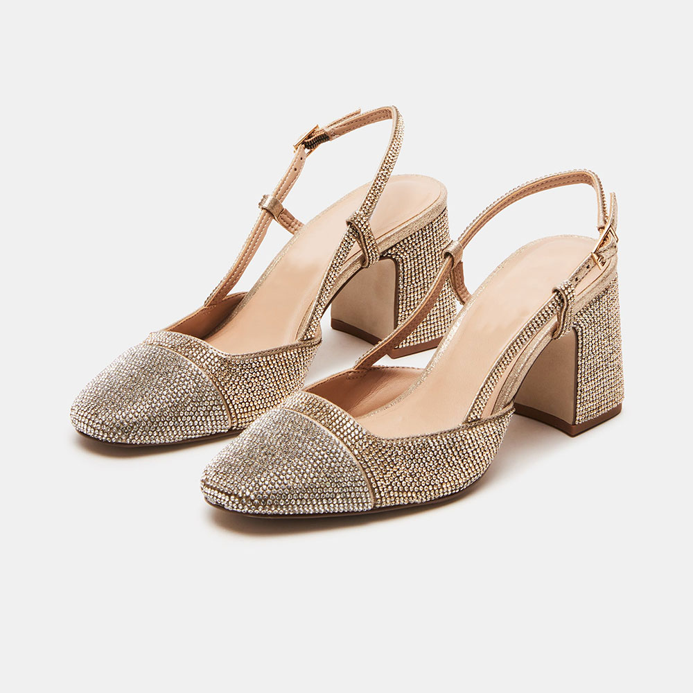 Gold Rhinestone Square Toe 3'' Chunky Heel Slingback Pumps with Buckle Nicepairs