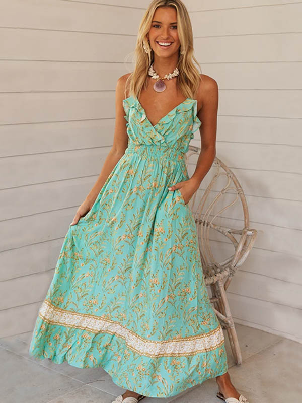 Floral-Print Lotus Leaf V Collar Bohemia Maxi Dress