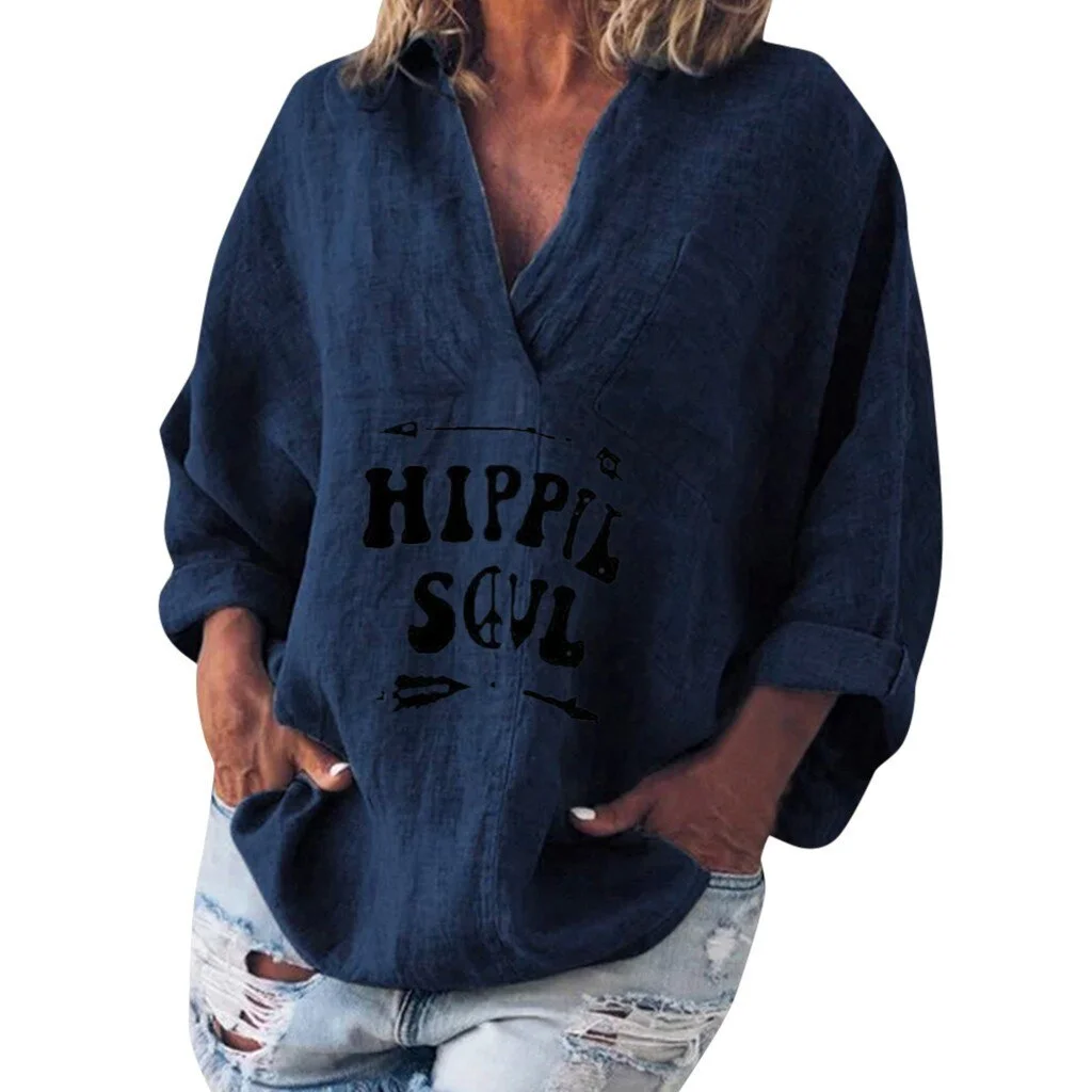 Plus Size 5XL Womens T Shirt V Neck Long Sleeve Cotton Linen Kaftan Ladies Baggy Tee Shirt Femme Tops Loose Letter Print Tshirt