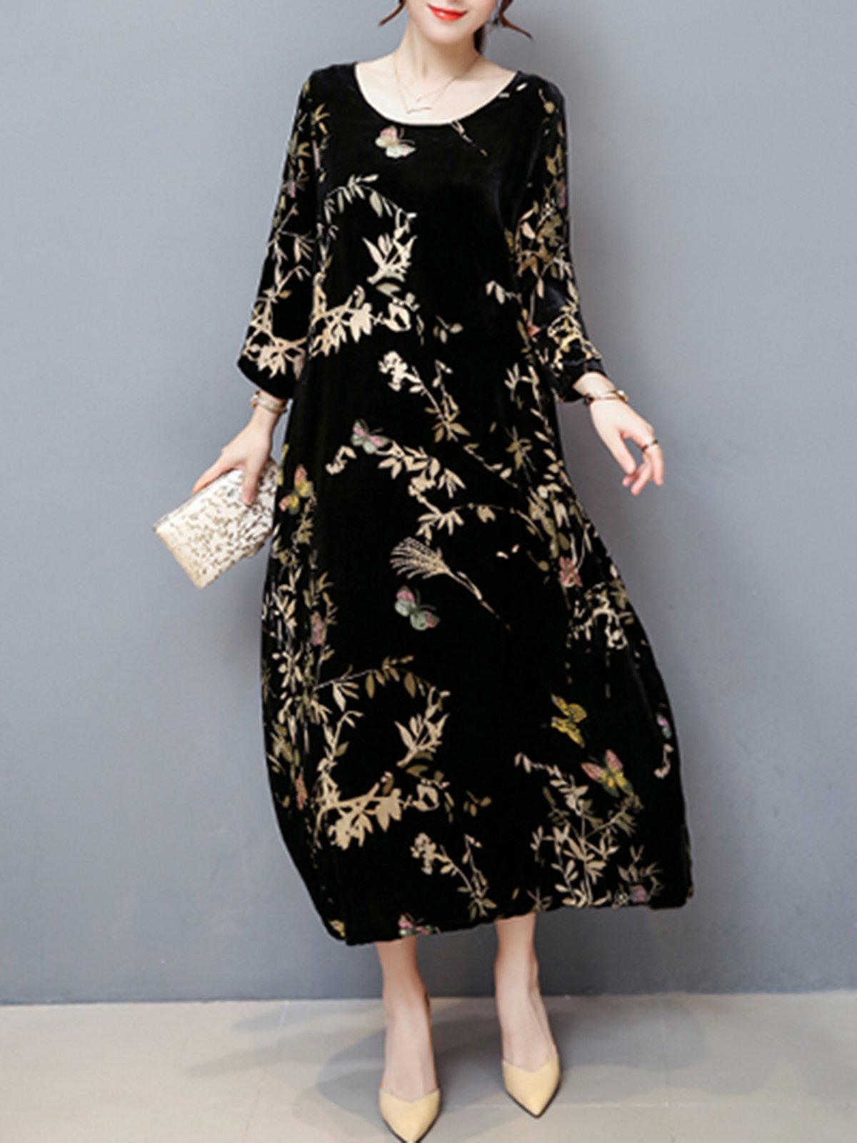 Women Casual Velvet Pockets Plus Size Printed Dress