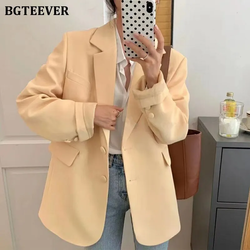 BGTEEVER New Spring Autumn Loose  Women Jacket Blazer Casual Notched Collar Long Sleeve Female Jackets 2021 Ladies Suit Coats
