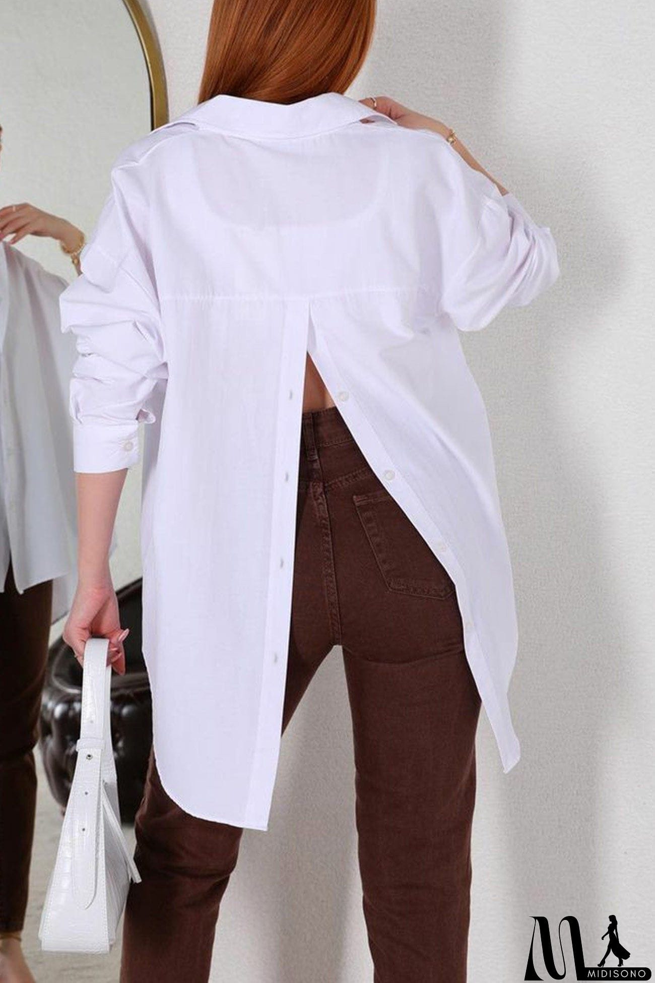 MidiSono - Single-breasted Back Slit Solid Blouse