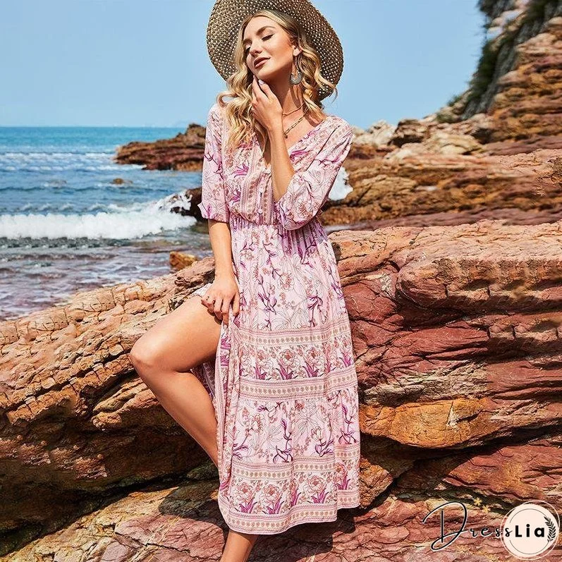 Women's V-neck high-waisted bohemian dress women's mid-length a-line dress