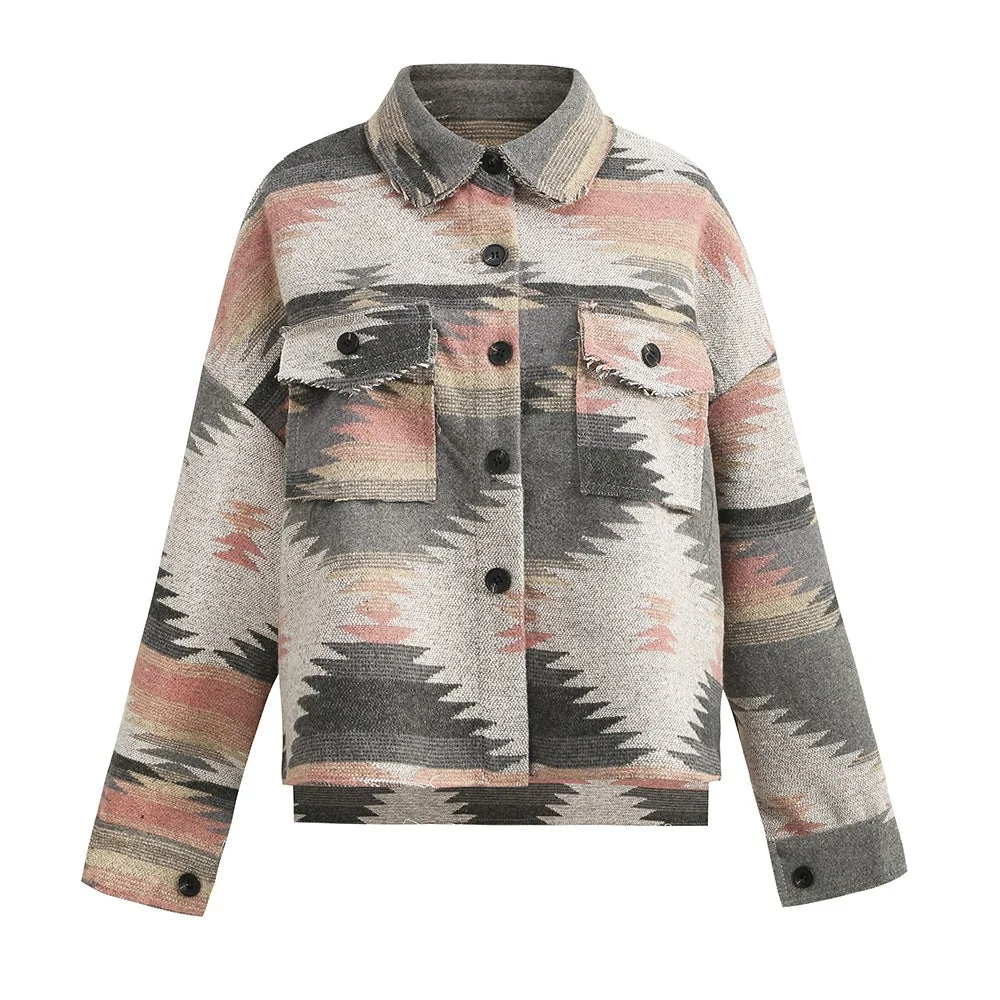 Women's Aztec Jacket Geometric Slit Button Pocket Coat