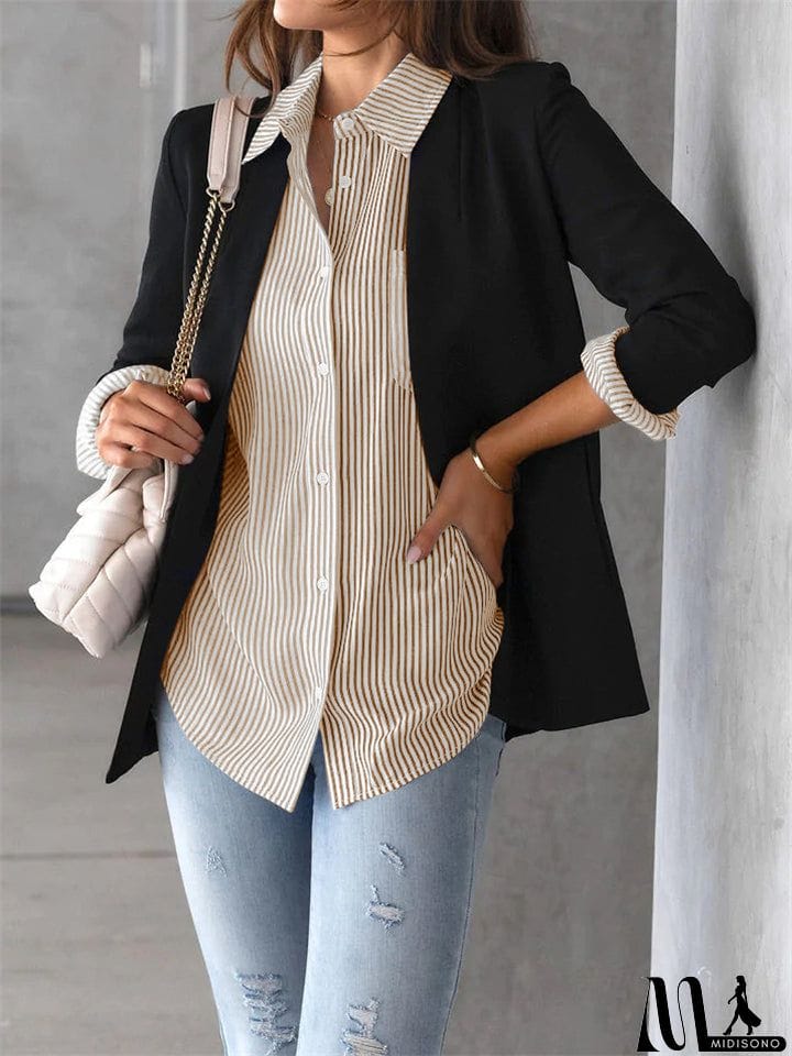 MidiSono - Autumn Leisure Stripe Lapel Long Sleeve Plus Size Women Blouses
