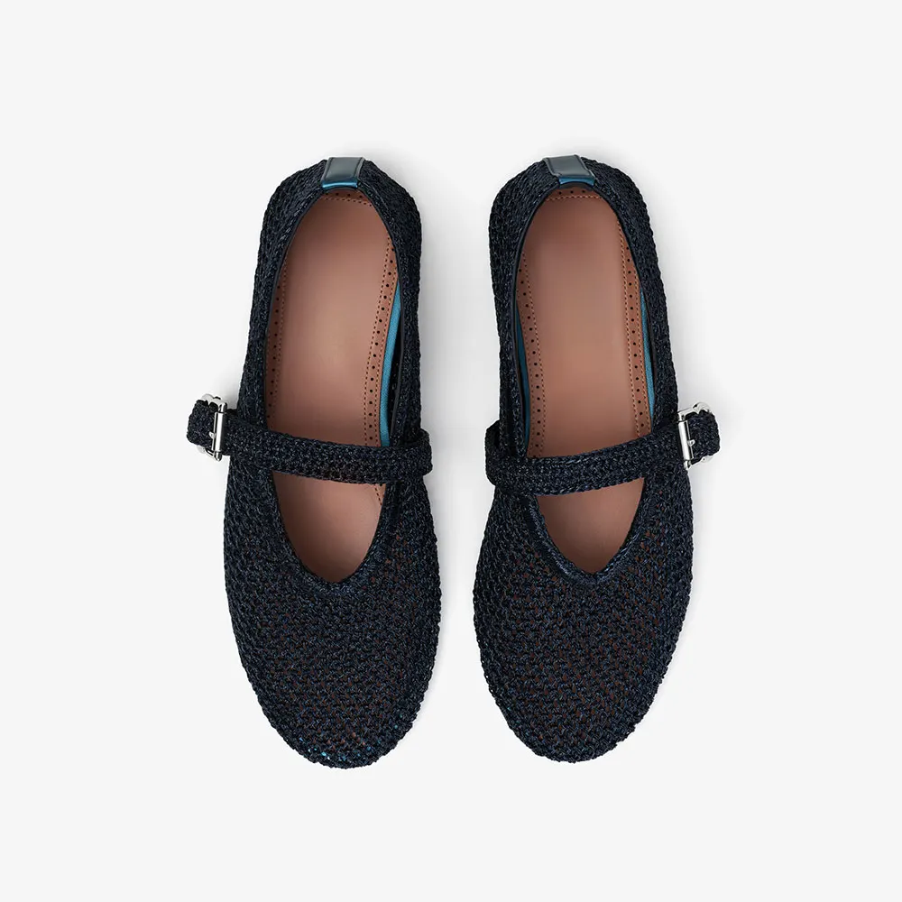 Dark Blue Mesh Round Toe Buckle Strap Flat Shoes for Women