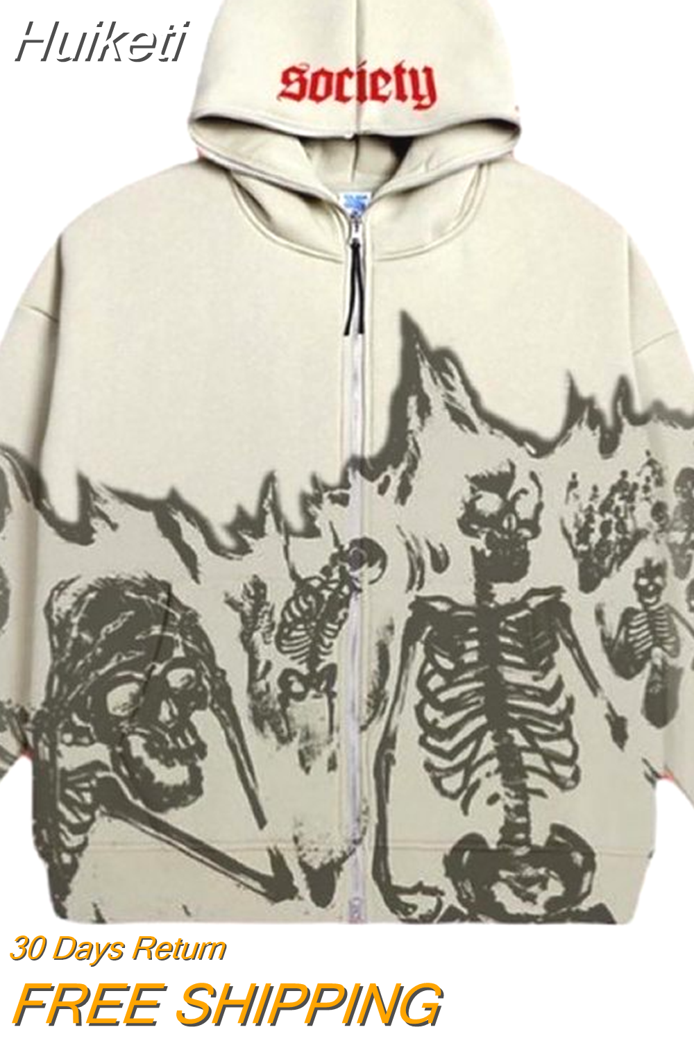 Huiketi New Retro Skull Print Zipper Hoodies Women's Y2K Street Hip Hop Casual Versatile Sweatshirts Couple Thickened Loose Hoodies