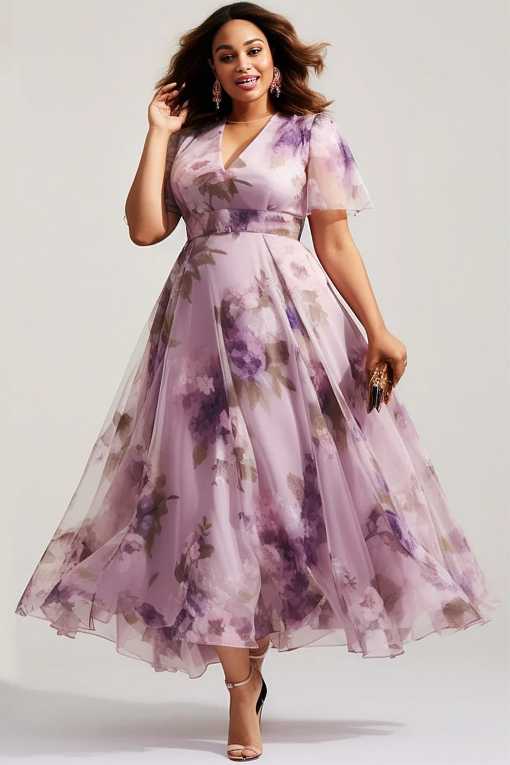 Flycurvy Plus Size Wedding Guest Purple Organza Floral Print Empire Waist Tunic Maxi Dress