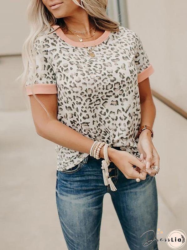 Leopard Print Color Round Neck T-shirt