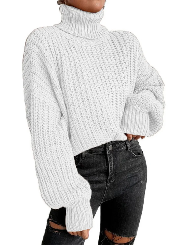 Daily Turtleneck Dropped Shoulder Long Bell Sleeve Rib Knit Sweater