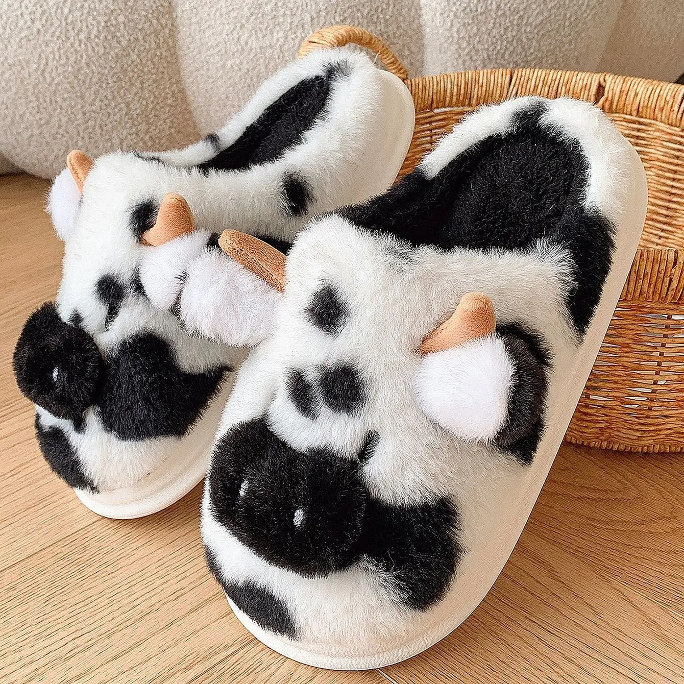 Eliteofferclub Winter Warm Cartoon Cow Slippers Indoor Outdoor Slippers for Women Non-slip Home Cotton Shoes Women Thick Sole Plush Slippers