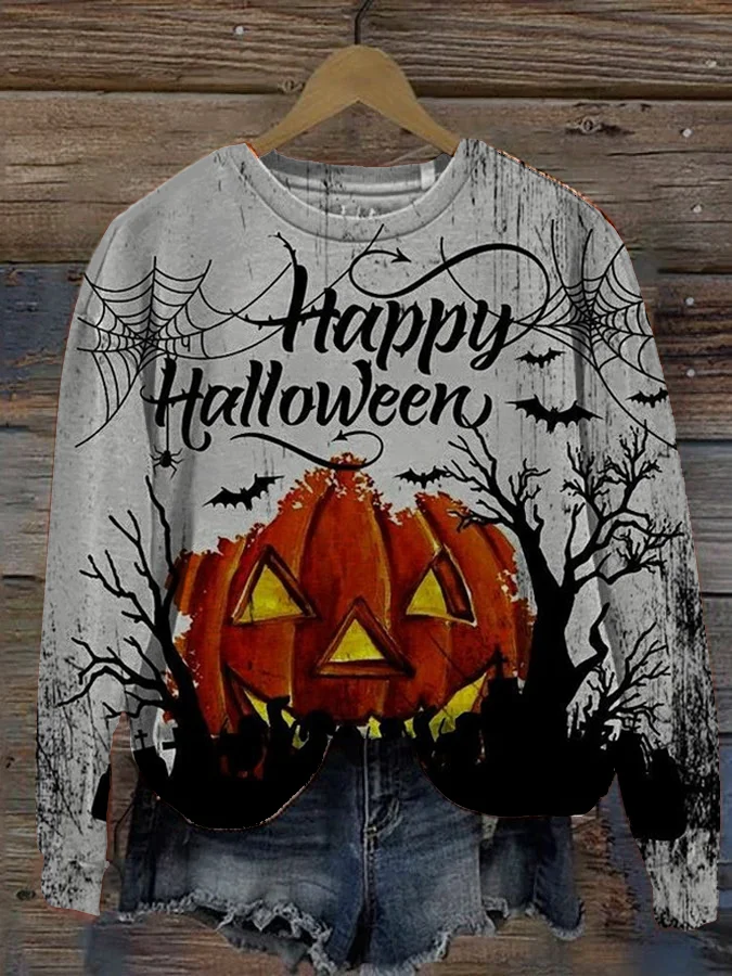 Wearshes Halloween Pumpkin Face Print Sweatshirt