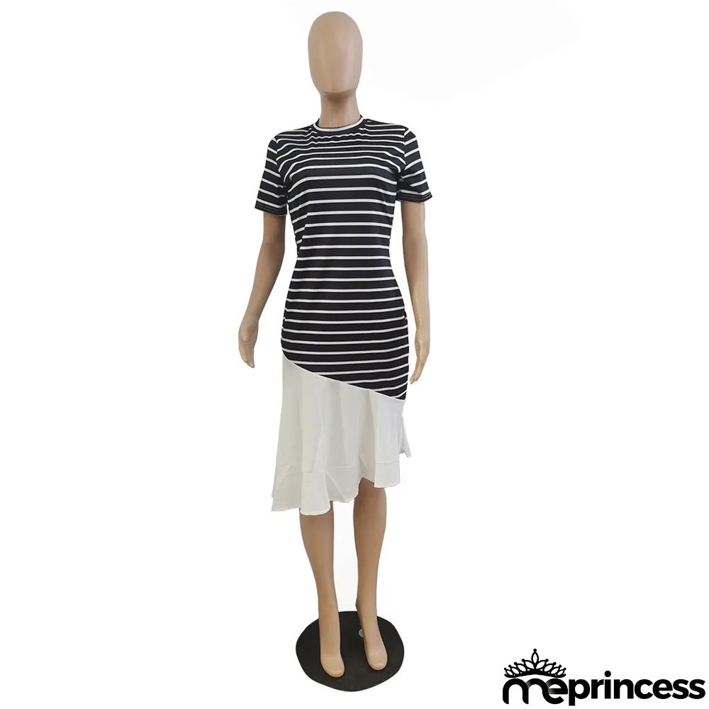 Women'S Spring Summer Stripe Print Patchwork Short Sleeve Dress Without Belt