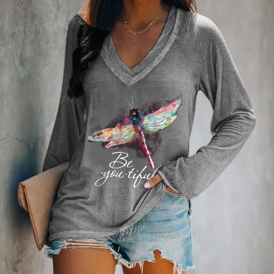 Oil Painting Dragonfly Printed T-shirt