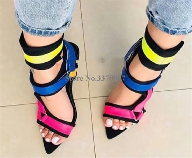 VCSHOES Women Open Pointed Toe Suede Leather Stiletto Heel Gladiator Sandals Ankle Wrap Buckles High Heel Sandals