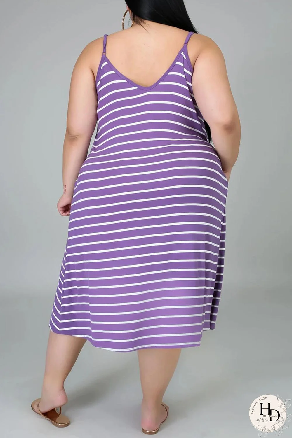 Deep Blue Sexy Casual Plus Size Striped Print Backless Spaghetti Strap Sleeveless Dress
