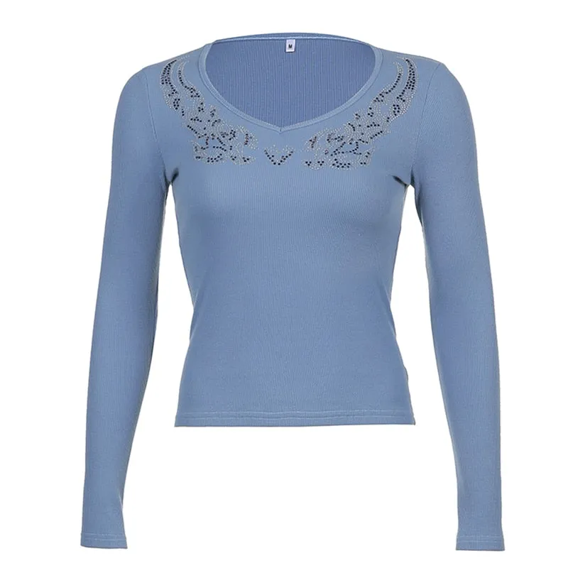 Xingqing Angel Wings Print Tops Fairy Grunge Graphic T Shirts Vintage Indie Aesthetic Clothes Cyber Y2k Slim Long Sleeve Top