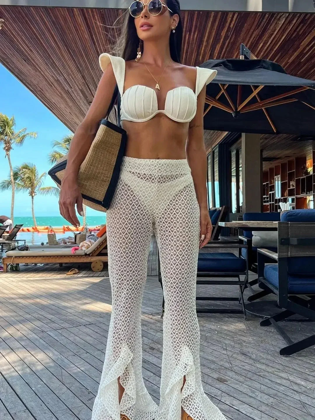 Huiketi New Sexy Bikini Set With Pants Summer Women 3 Piece Set White Tube Top with Mesh Pants Suit Female Solid Bikini Beachwear