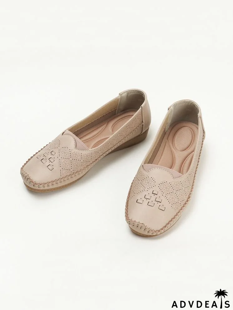 Perforated & Stitch Detail Square Toe Flats