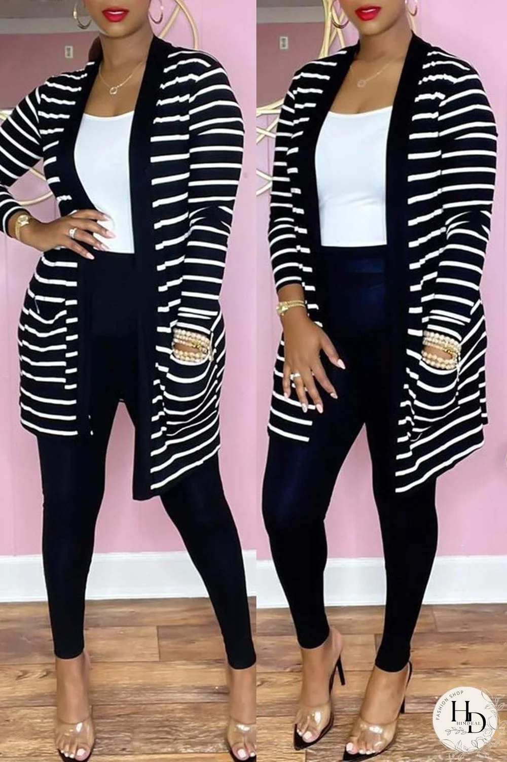 Black Fashion Casual Striped Print Cardigan Pants Long Sleeve Two Pieces