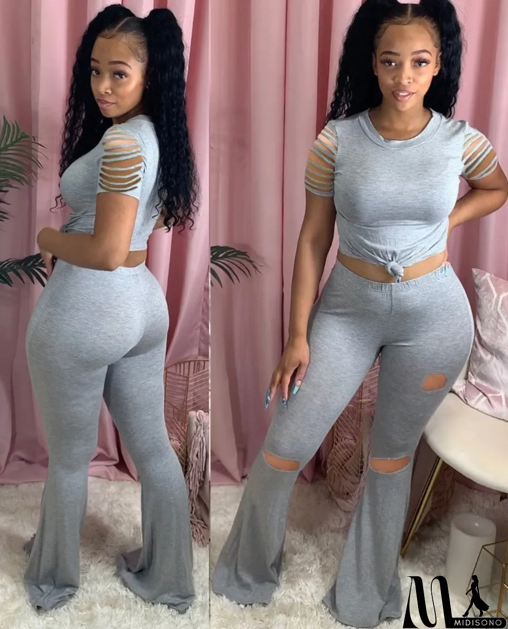 MidiSono - Sexy Grap Two Piece Ripped Flare Pants Set