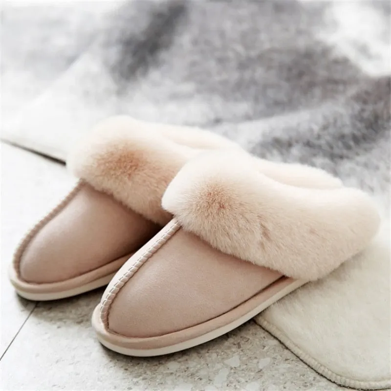 JIANBUDAN Plush warm Home flat slippers Flock soft comfortable winter slippers Men's Women's cotton shoes Indoor plush slippers