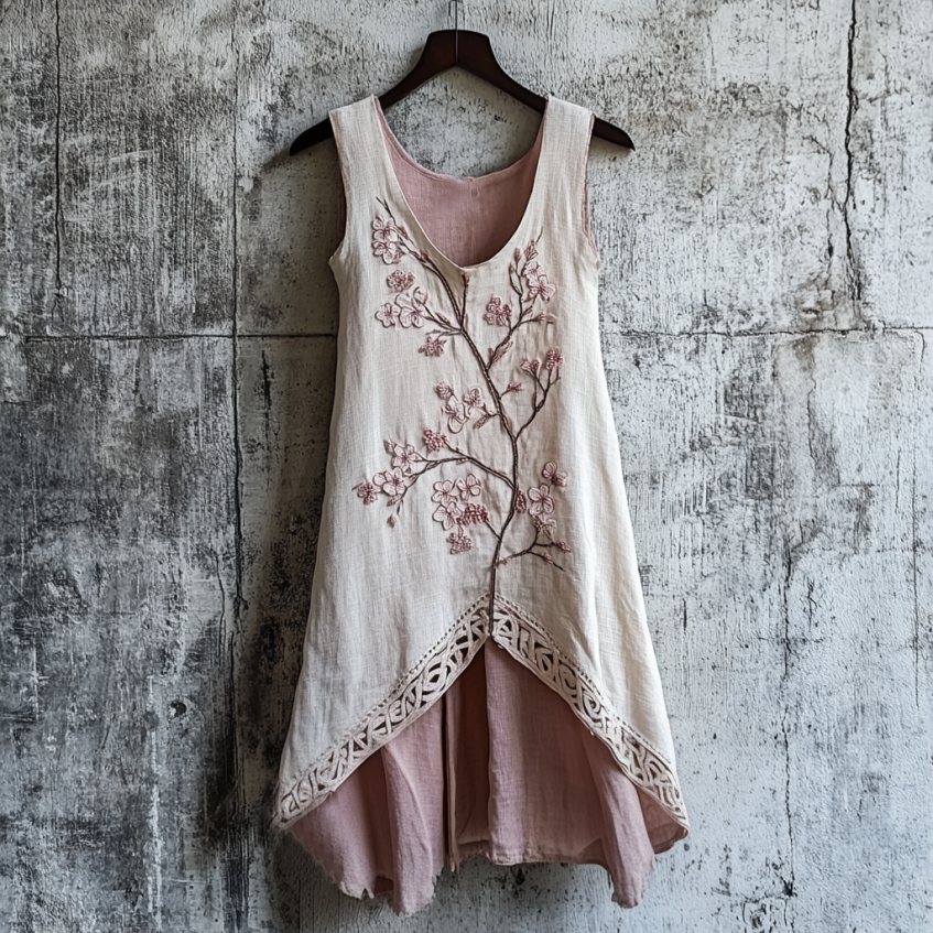 Vintage Celtic Knot With Cherry Blossoms Pattern Linen Tank Dress