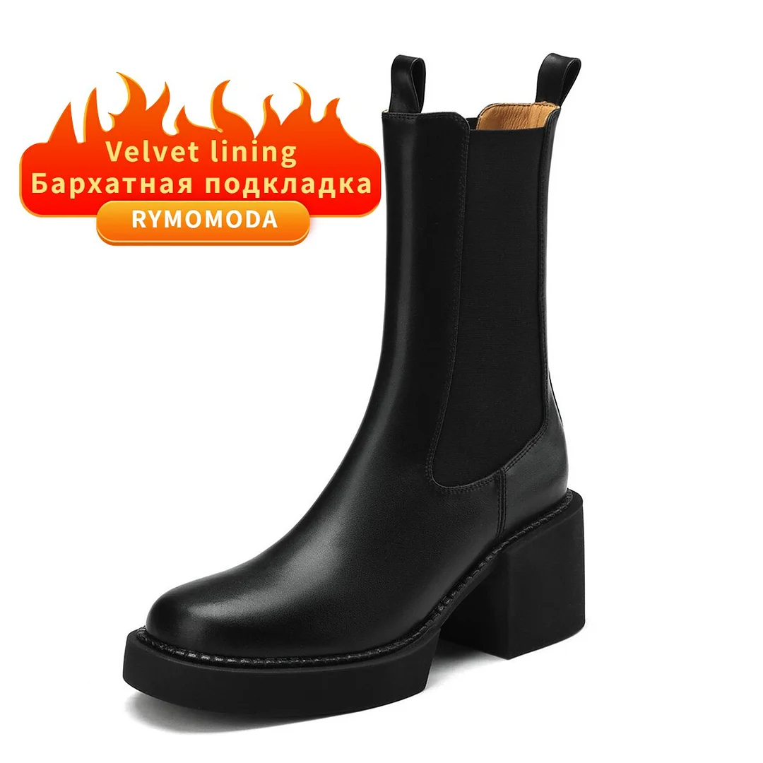 Breakj Boots Women 2022 Winter Split Cow Leather Chunky Heel Black Mid-calf Ladies Platform Bootie Handmade High Quality Shoes