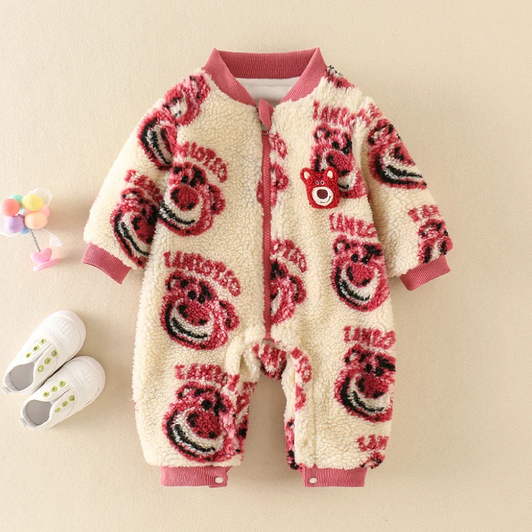 Baby Boy & Girl Cartoon Strawberry Bear Letter Long Sleeve Fluff Romper