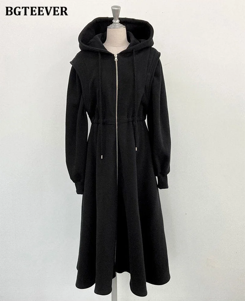 BGTEEVER Chic Zippers Women Hooded Sweatshirt Midi Dress Casual Elastic Waist Long Sleeve Female A-line Dress 2021 Spring