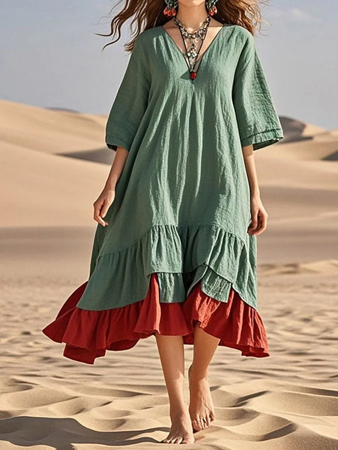 Women's red and green colorblock casual dress