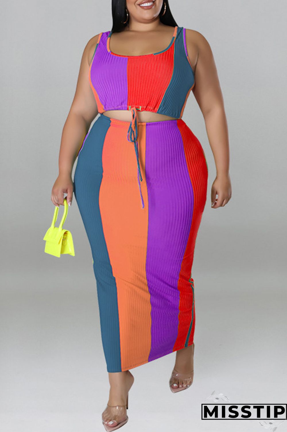 Blue Fashion Casual Striped Print Patchwork Contrast U Neck Plus Size Two Piece Set